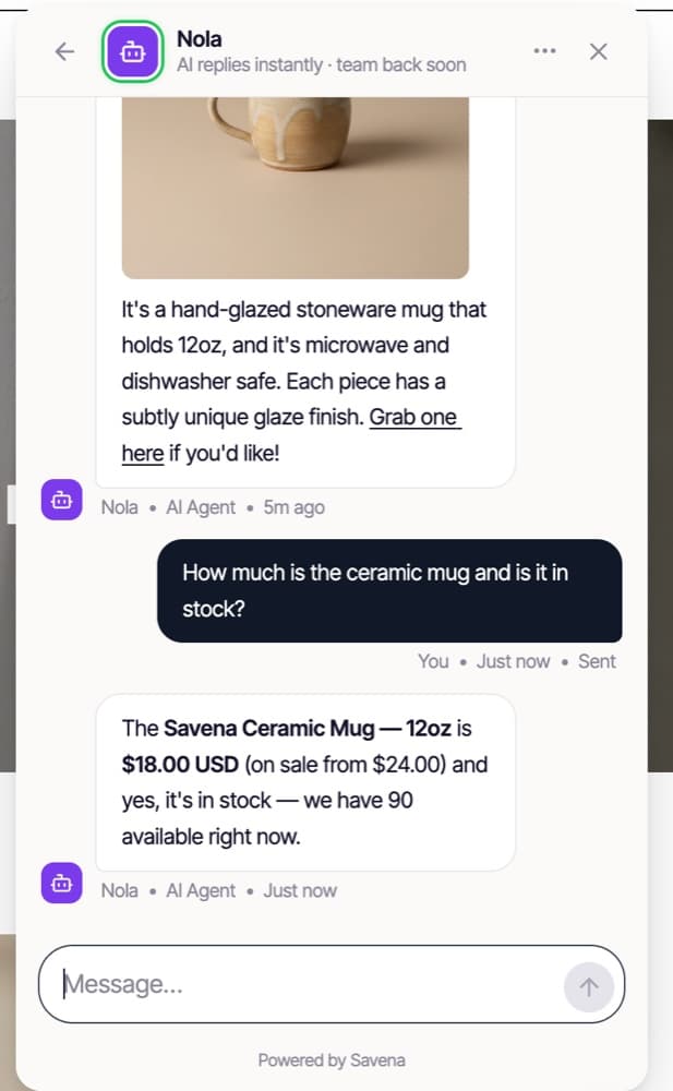 The Savena chat widget on a live storefront answering a question about a ceramic mug with its real price and current stock count, read from Shopify.