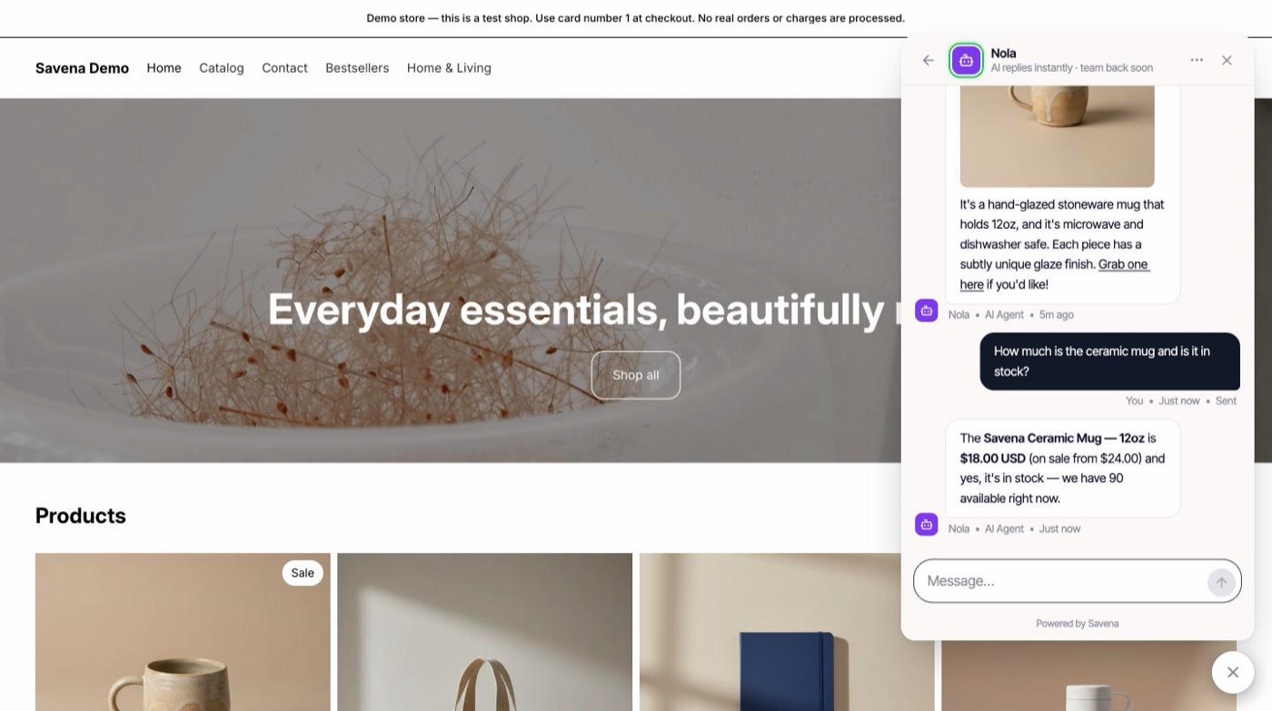 A Shopify storefront with the Savena chat widget open in the corner, answering a customer question.