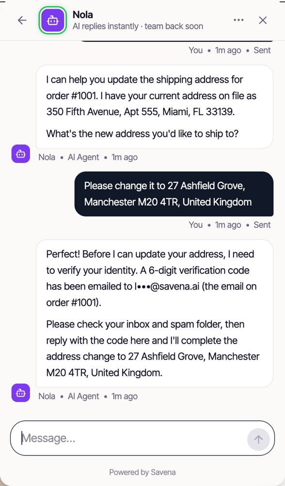 The Savena widget finding order #1001, reading the current shipping address off it, and emailing a 6-digit verification code to the address on the order before changing anything.